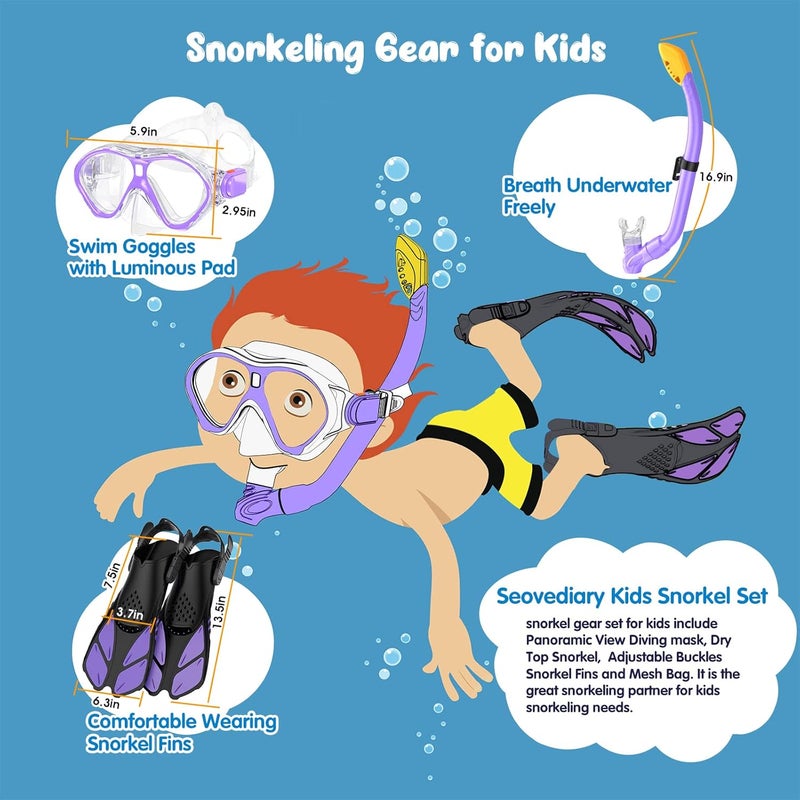 Seovediary Kids Snorkel Set, Mask Fins Snorkeling Gear for Kids Anti-Fog Swim Goggles 180 Panoramic View Dry Top Snorkel and Dive Flippers Combo with Travel Bag for Snorkeling Training Swimming Diving - Image 4